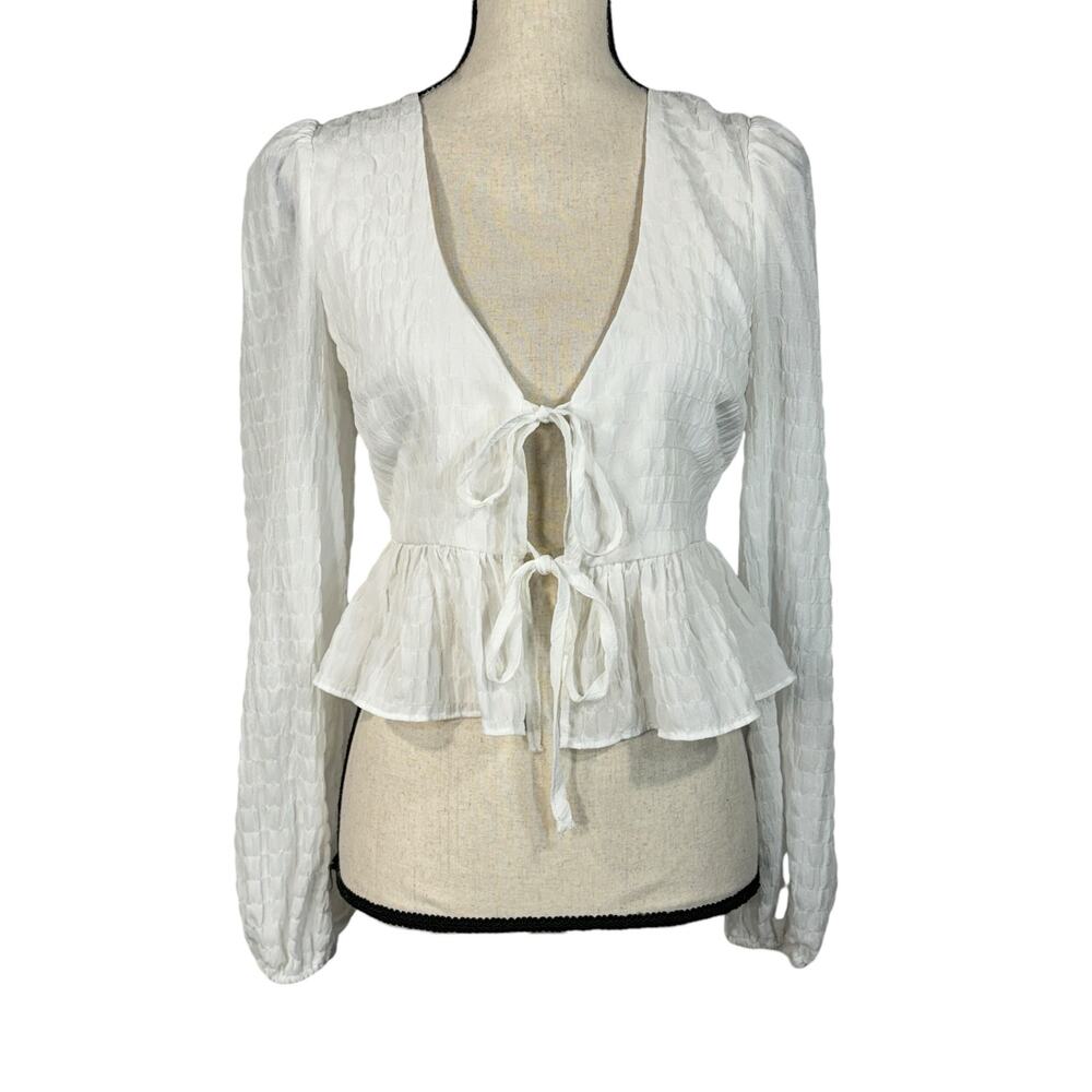 Lulus Small Cropped Tie Front Jacket Lined Long Puff Balloon Sleeve Ruffle White